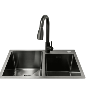 Lavaplatos Doble Cuba 68×38 cm de Acero Inoxidable + Llave Monomando Negra Extraíble – Victtorino